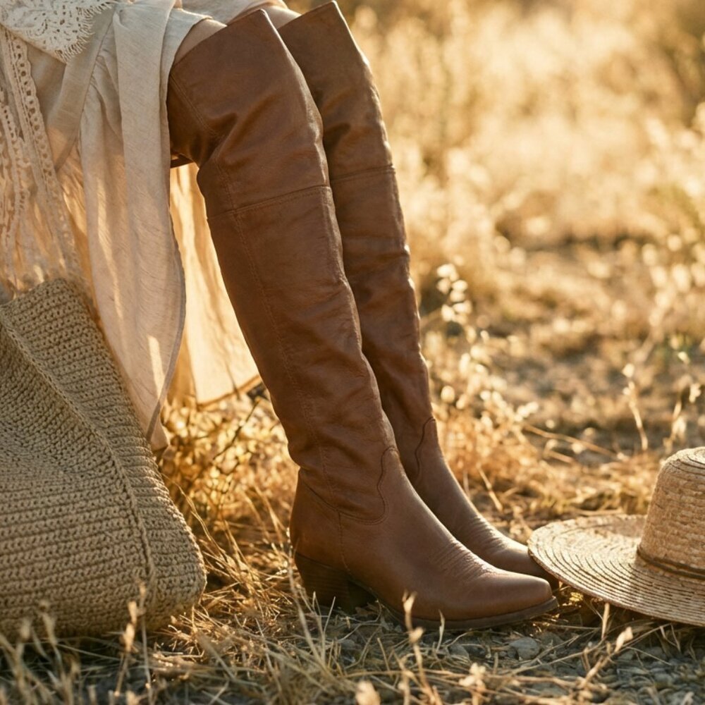 Gently Worn Anthropologie Leather Tall Boots - Tan/Cognac - Size 9